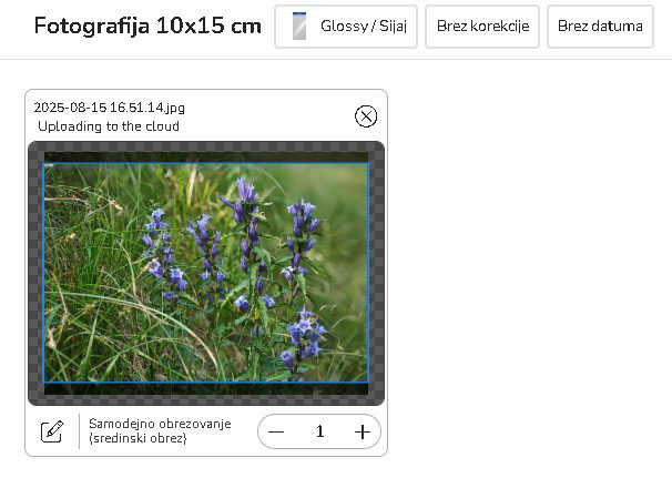 V aplikaciji Mobile Photo Kiosk je odprt zavihek Izrez z možnostmi samodejnega obrezovanja, izreza, cele slike in položaja Portret.
