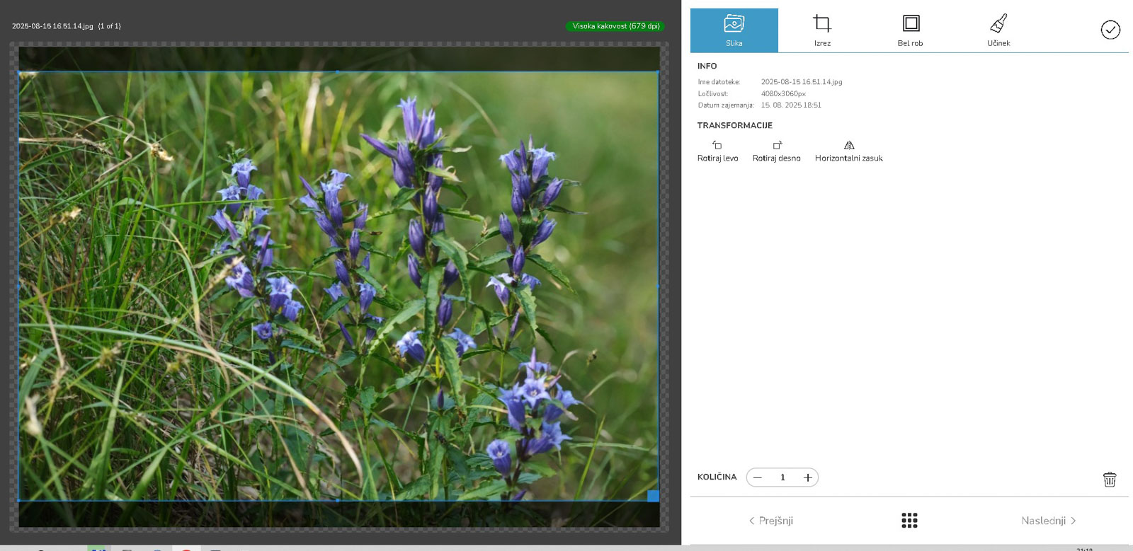 V aplikaciji Mobile Photo Kiosk je odprt zavihek Izrez z možnostmi samodejnega obrezovanja, izreza, cele slike in položaja Portret.