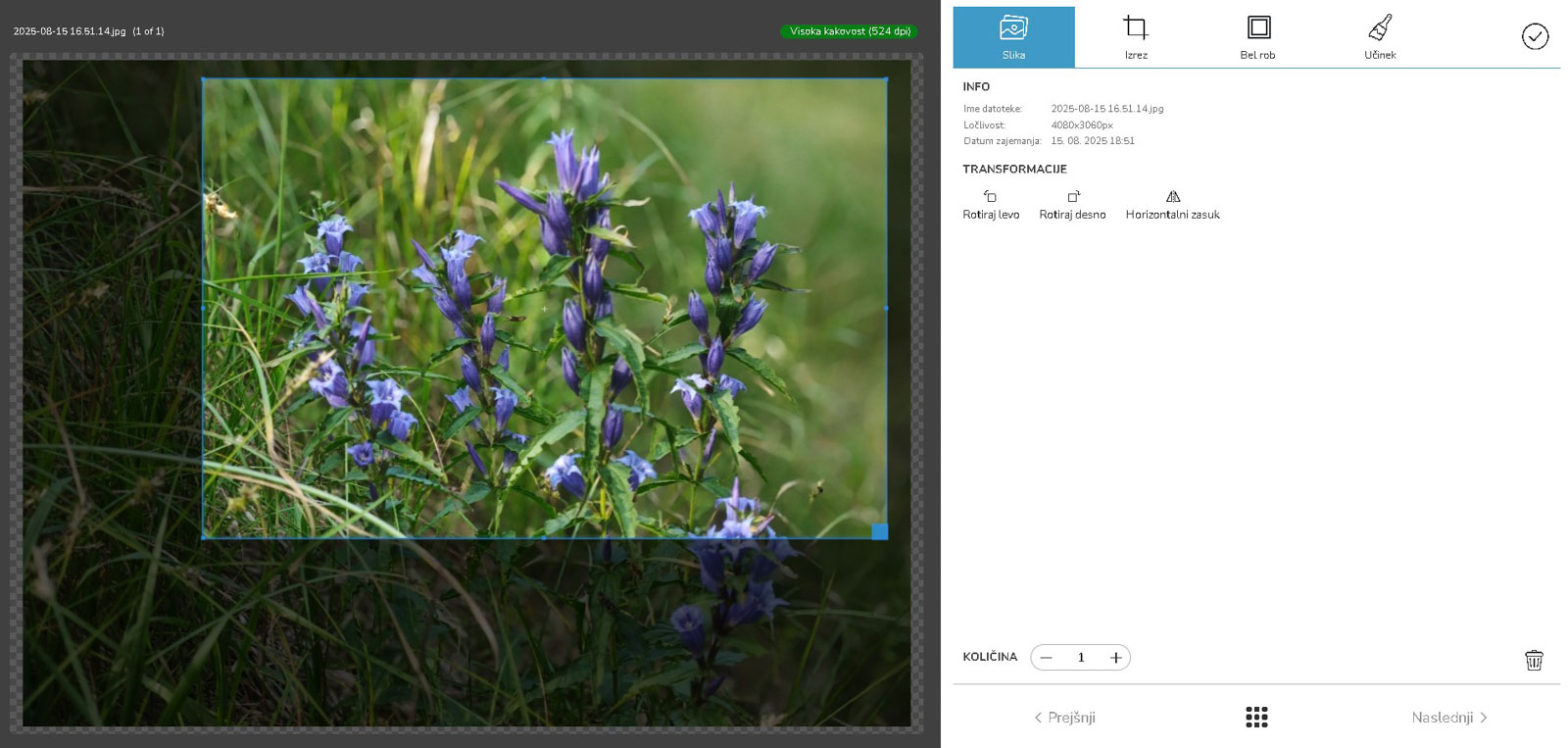 V aplikaciji Mobile Photo Kiosk je odprt zavihek Izrez z možnostmi samodejnega obrezovanja, izreza, cele slike in položaja Portret.
