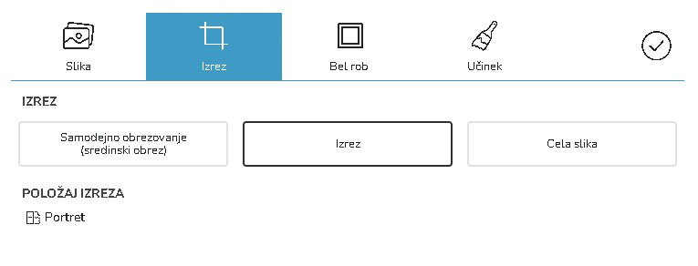 V aplikaciji Mobile Photo Kiosk je odprt zavihek Izrez z možnostmi samodejnega obrezovanja, izreza, cele slike in položaja Portret.