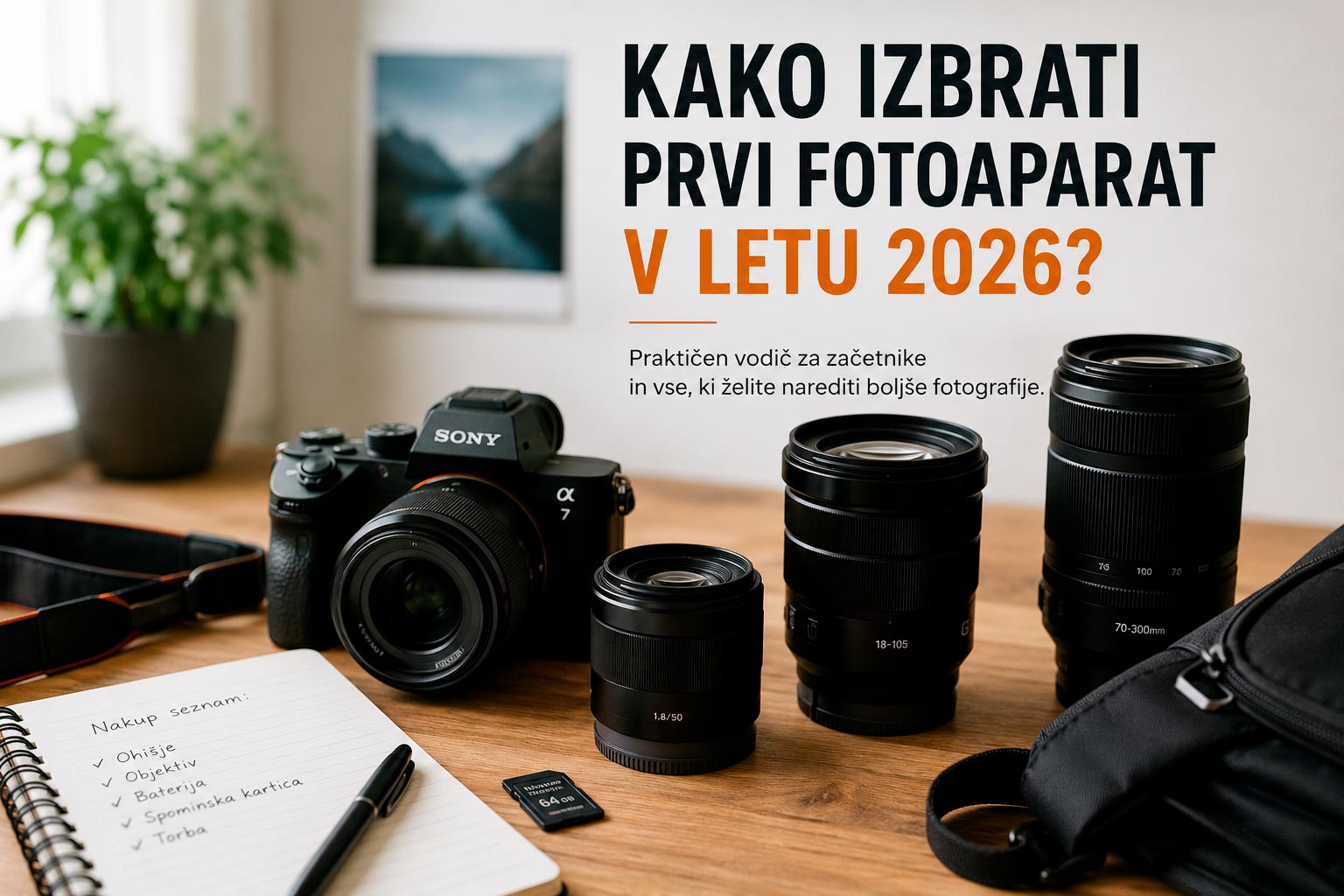 Kako izbrati prvi fotoaparat Za začetnike je prikazan Sony brezzrcalni fotoaparat z več objektivi, ob njem pa zapiski in dodatna oprema za izbiro prvega fotoaparata v letu 2026.