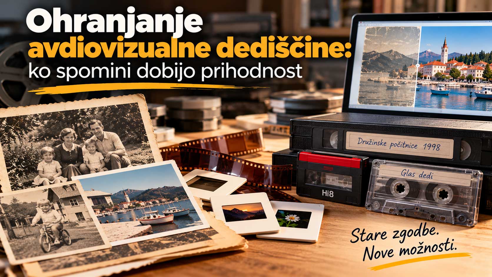 Starinski fotoaparat, kasete in diapozitivi na leseni mizi.
